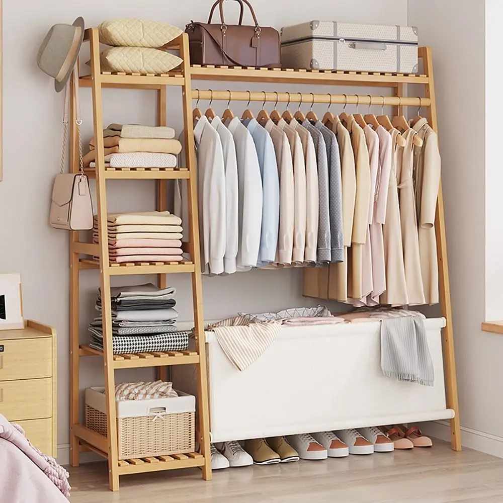 ColourTree Bamboo Clothes Rack Rolling Rail Garment Rack Scarf Bag Hanger Rack,Bag Shoes Storage Self，51 inch Long