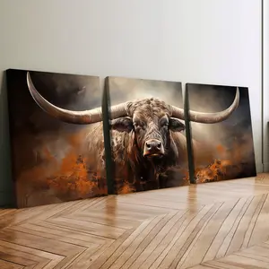 3-Piece Wood Framed Canvas Art, Bull Image Poster, Modern Home Decor, High-Definition Print, Waterproof Wall Art, Living Room Decoration