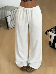 Bohemian Vacation Style Basic Long Pants Womenswear - White Drawstring Elastic Adjustable Waist Loose Wide-Leg Versatile Casual Loungewear Pants