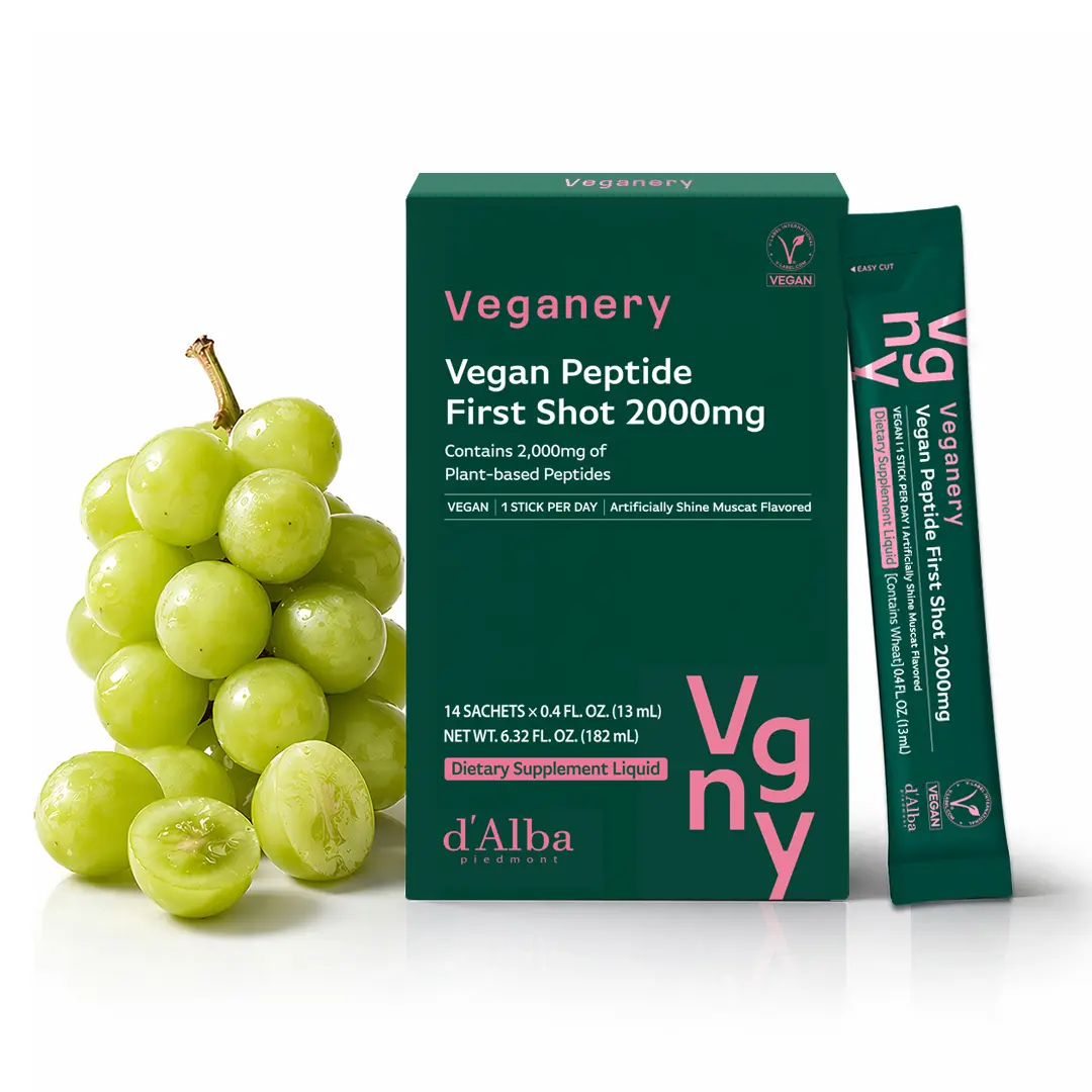 [Veganery] Vegan Peptide Booster First Shot 2000mg, Zero Sugar Vegan Collagen Peptides with Hyaluronic Acid & Elastin, Supports Daily Beauty & Wellness, Shine Muscat Flavor – 14 Sticks