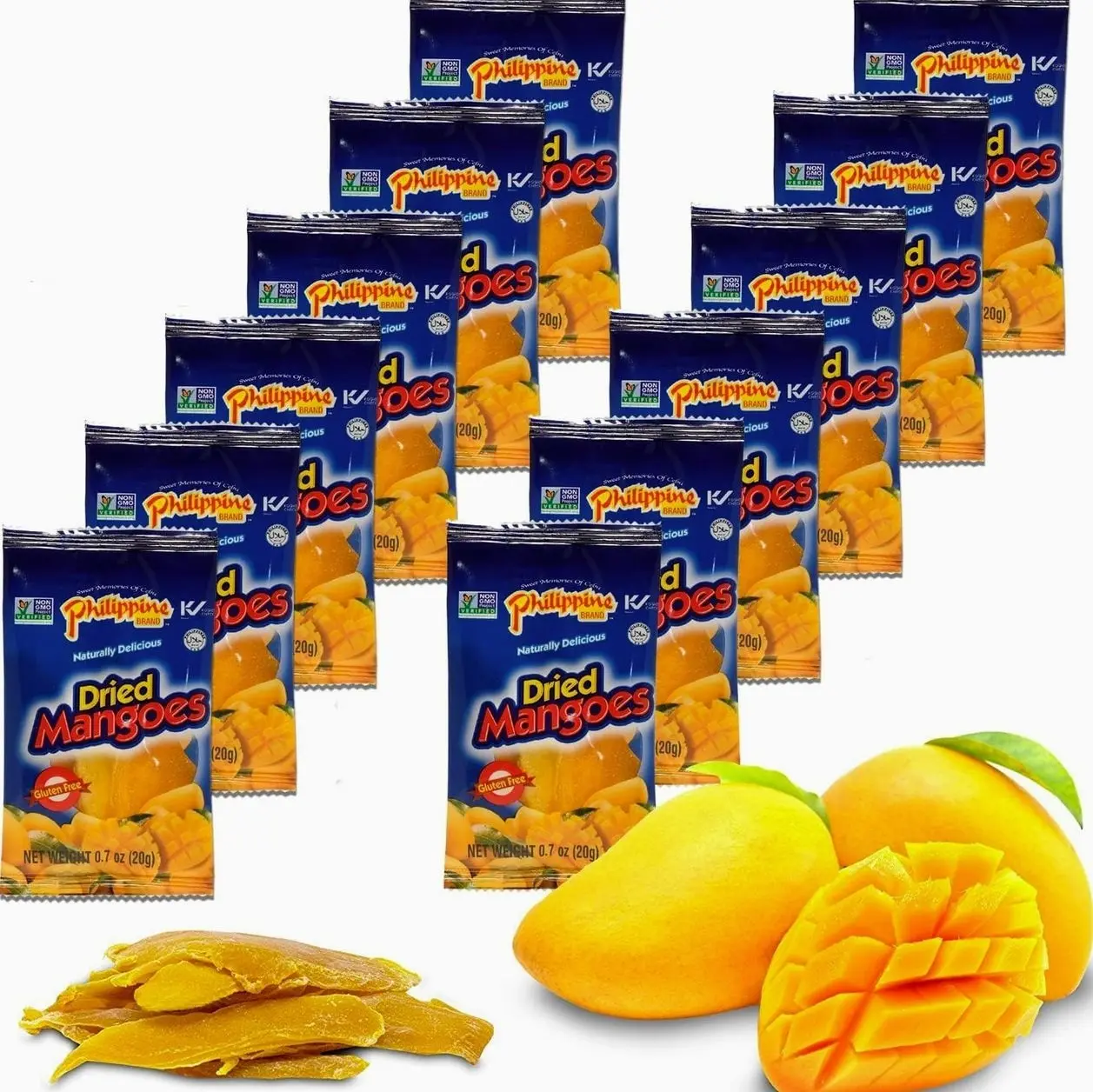 Philippine Brand Dried Mangoes Fruit Snacks- All Naturally Gluten Free, Vegan, Hand-Selected Delicious Fresh Mangos from Philippines, Grab and Go Perfect for Office & School Food (.7oz (12 pack))