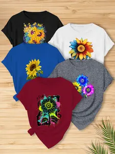 Women's 5-Piece Set Summer Wear, Artistic Sunflower Pattern T-Shirt, Women's Round-Neck Short-Sleeved Top, Simple, Exquisite And Versatile Top, Women's Multi-Color Short-Sleeved Top, Machine-Washable Print, Street Style