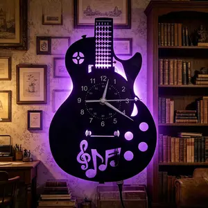 Guitar Vinyl Wall Clock, 11.4-Inch Retro Music Art Decor, 7-Color LED Remote, Silent Movement, Unique Gift for Guitarists, Home Studio Decoration