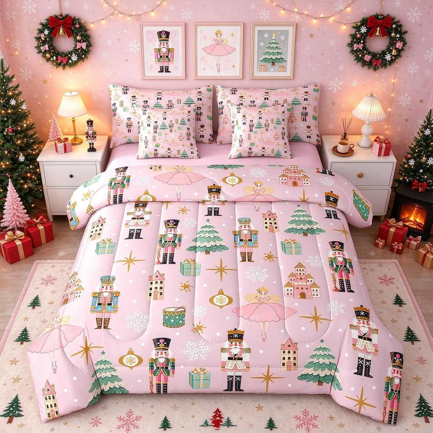7Pcs Pink Christmas Comforter Set,Christmas Nutcracker Bedding Set,Dreamy Castle Princess Bed in A Bag,Xmas Galaxy Snow Quilt with Flat Fitted Sheet