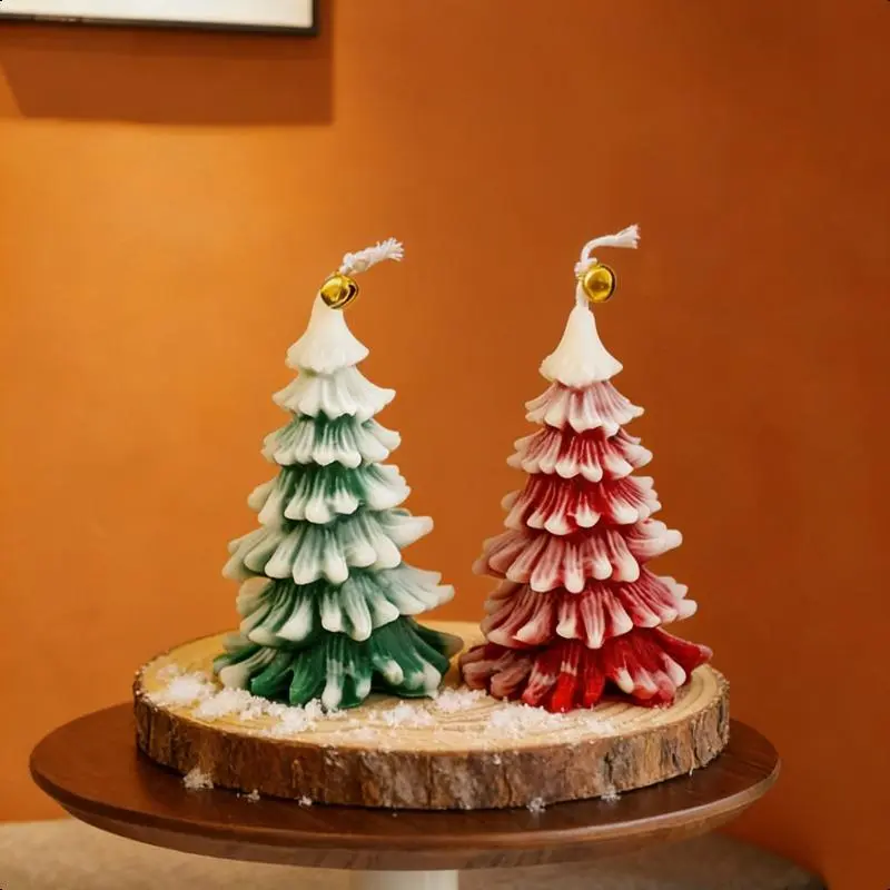 Christmas Tree Candles Set - 2 Pcs 11.5cm Taper Candles, 2 Bells, Snow-Covered Cedar Decor (White, Green-White, Red), Unscented Wax Candlesticks for Holiday Winter Home Table Decoration Gift