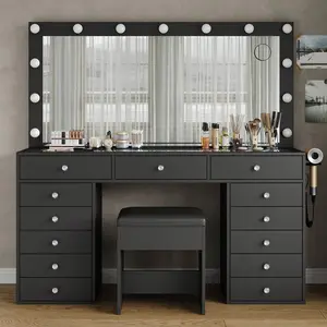 13 Drawers  Desk, Makeup   Power Outlet,    Mirror And 13 LED Bulbs, 3 Color Lighting Modes, Glass Top, Dressing  For Bedroom Vanity Table with wooden
