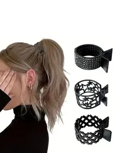 3pcs Alloy Ponytail Hair Clips, Rhinestone Hollow Star Design, Fashionable Women's High Bun Holder, Secure and Stylish Hair Accessories, Clip In Claw