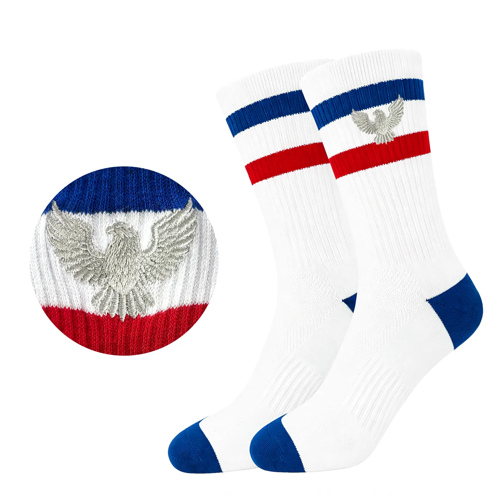 Phyznix American Pride Eagle Embroidered Retro Classic Elastic Crew Socks – Red White Blue Striped Breathable Mid Calf Socks