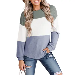 Dokotoo Womens Tops Casual Long Sleeve Waffle Knit Oversized Shirts Crewneck Color Block Pullover Sweatshirts