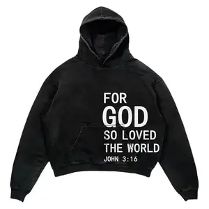 For God So Loved The World Print Graphic Acid Washed Oversized Hoodie , Full Size .
