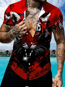 Red Tiger Stripe Print Short Sleeve Shirt, Men's Fashion Slim Summer Casual Top, Unique Animal Pattern Design