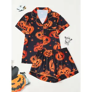 Halloween cute pajamas,Pumpkin ghost,star prints, short-sleeve top with shorts, lapel and buttons. Loose, even wearable outside. Hidden subtle patterns add charm, full of festive spirit! Costume Piece Polyester Shortsleeve Loungewear Nightwear