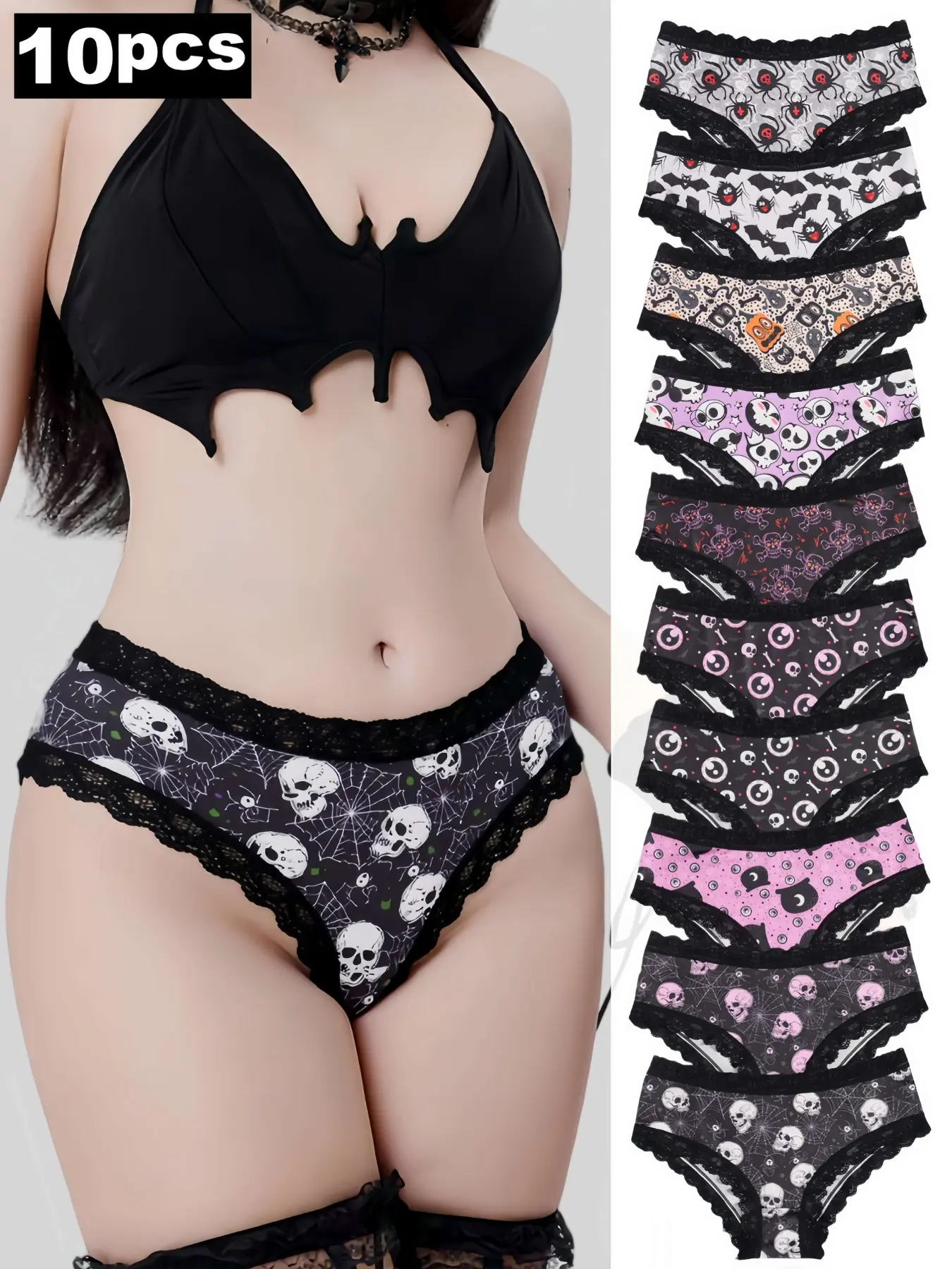 10-Pack Women's Thong Underwear, Lace Trim, Gothic Skull Print, Comfortable Casual Hipster Lingerie Set, Halloween Inspo, Lace Hipster Briefs, Lace Panties, Contrast Lace Underwear, Lacy Panties, Lace Trim Panty