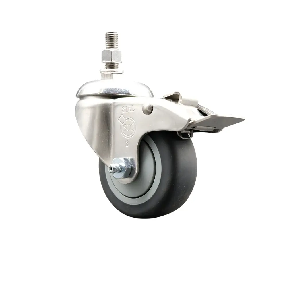 Service Caster SCC-SS316TSTTL20S314-TPRB-M1215 Thermoplastic Rubber Swivel Stem Caster with 3 in. Gray Caster Wheel & Total Lock Brake - 12 mm Metric Threaded Stem - 316 Stainless Steel Caster