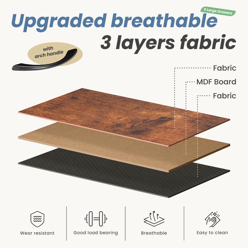 Dresser TV Stand, Entertainment Center with 5 Fabric Drawers, Media Console Table for TV with Open Storage Shelf Dresser