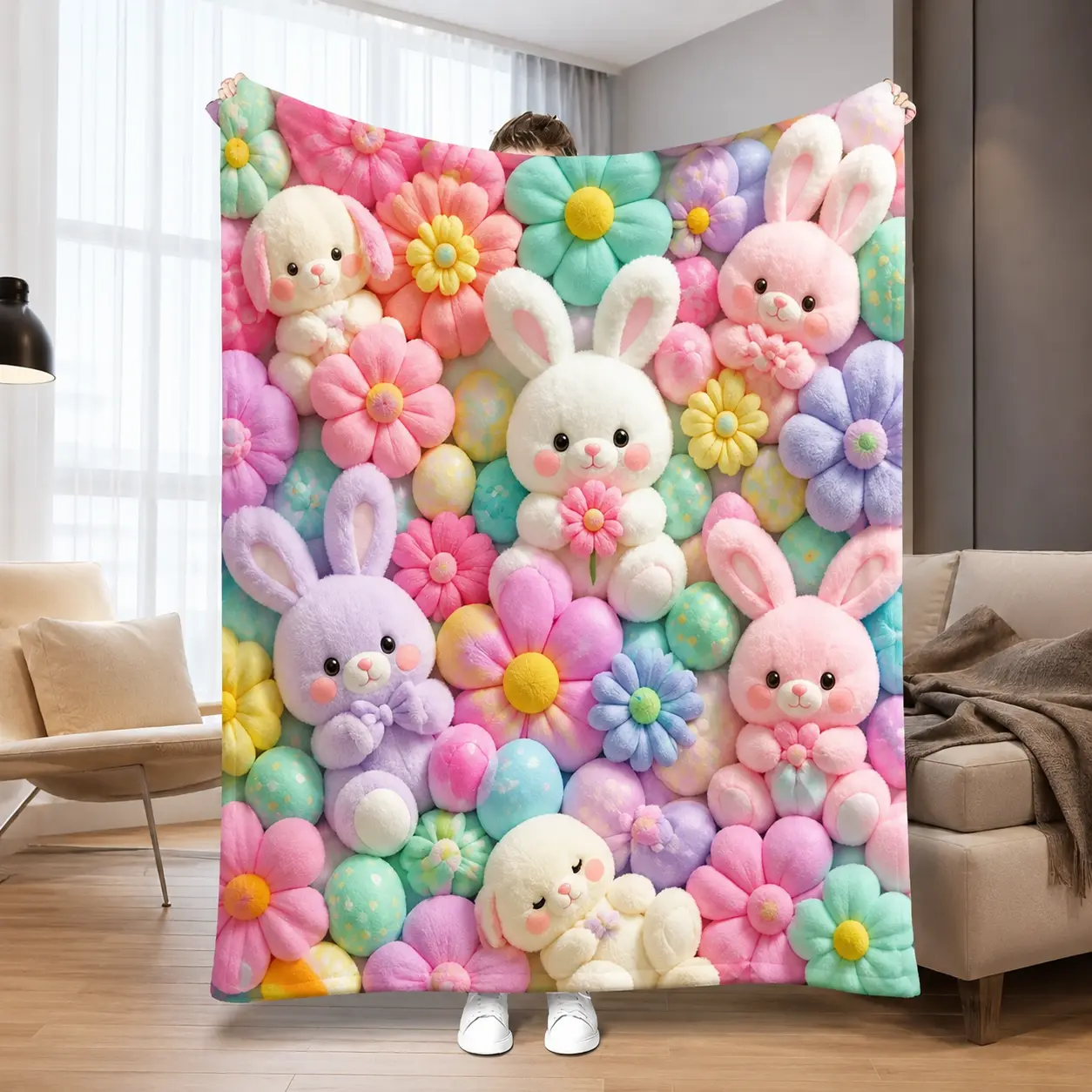 Teddy Pastel Floral Print Throw Blanket, Kawaii Plush Super Soft Cozy Throw for Kids, Bedroom Blanket & Gift Item, Floral Print Blanket summerwins