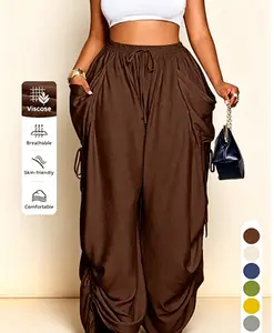 Women's Casual Loose-Fit Wide Leg Drawstring Pants, Womenswear, All-Season Woven Fabric, Long Plain Design, Daily Commute & Vacation Wear