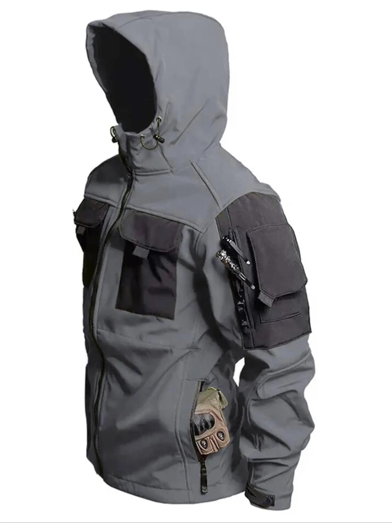 Men's Patchwork Print Zip Up Hooded Jacket, Casual Long Sleeve Drawstring Windproof Coats for Outdoor Activities, Military Jacket, Jackets for Men, Me