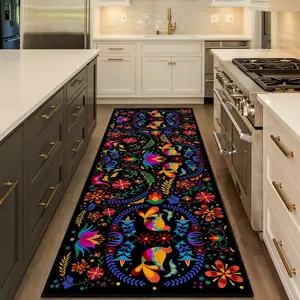 Mexican Floral Runner Rugs for Hallway, Mexican Talavera-Themed Kitchen Runner 2'x'6 Non-Slip Black Rug Carpet for Hallways Kitchen Laundry Bedroom Bathroom Machine Washable
