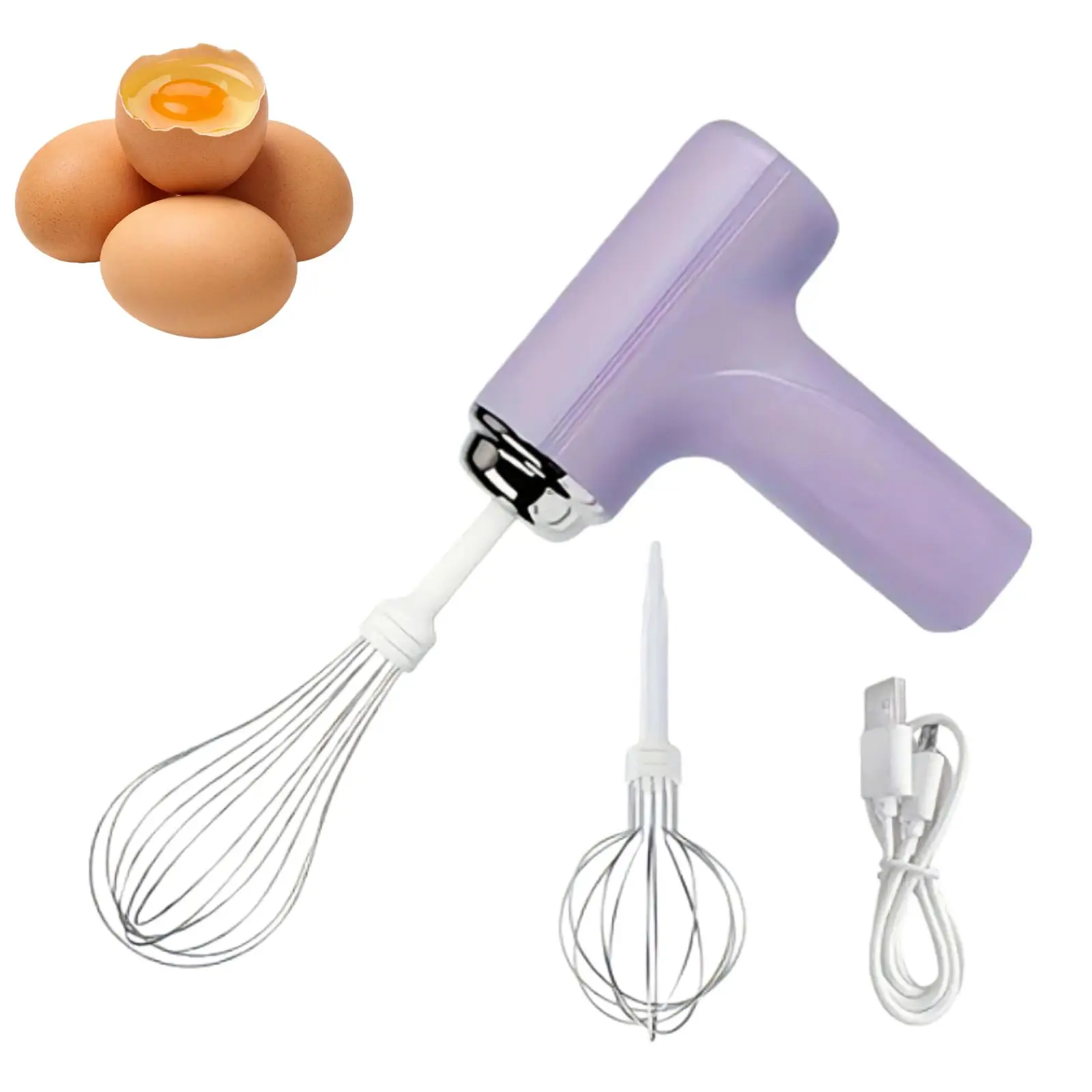 Cordless Hand Mixer, 3-Speed USB Rechargeable Electric Egg Beater with Detachable Whisk, Mini Handheld Baking Mixer for Eggs, Cream, Cake Batter & Pancakes, Purple