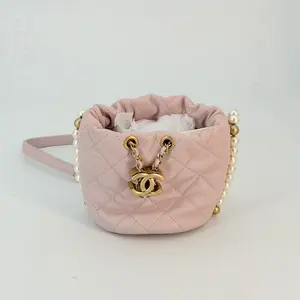 Pre-owned CHANEL lambskin Crossbody Bags Mini About Pearls Drawstring Bucket Bag