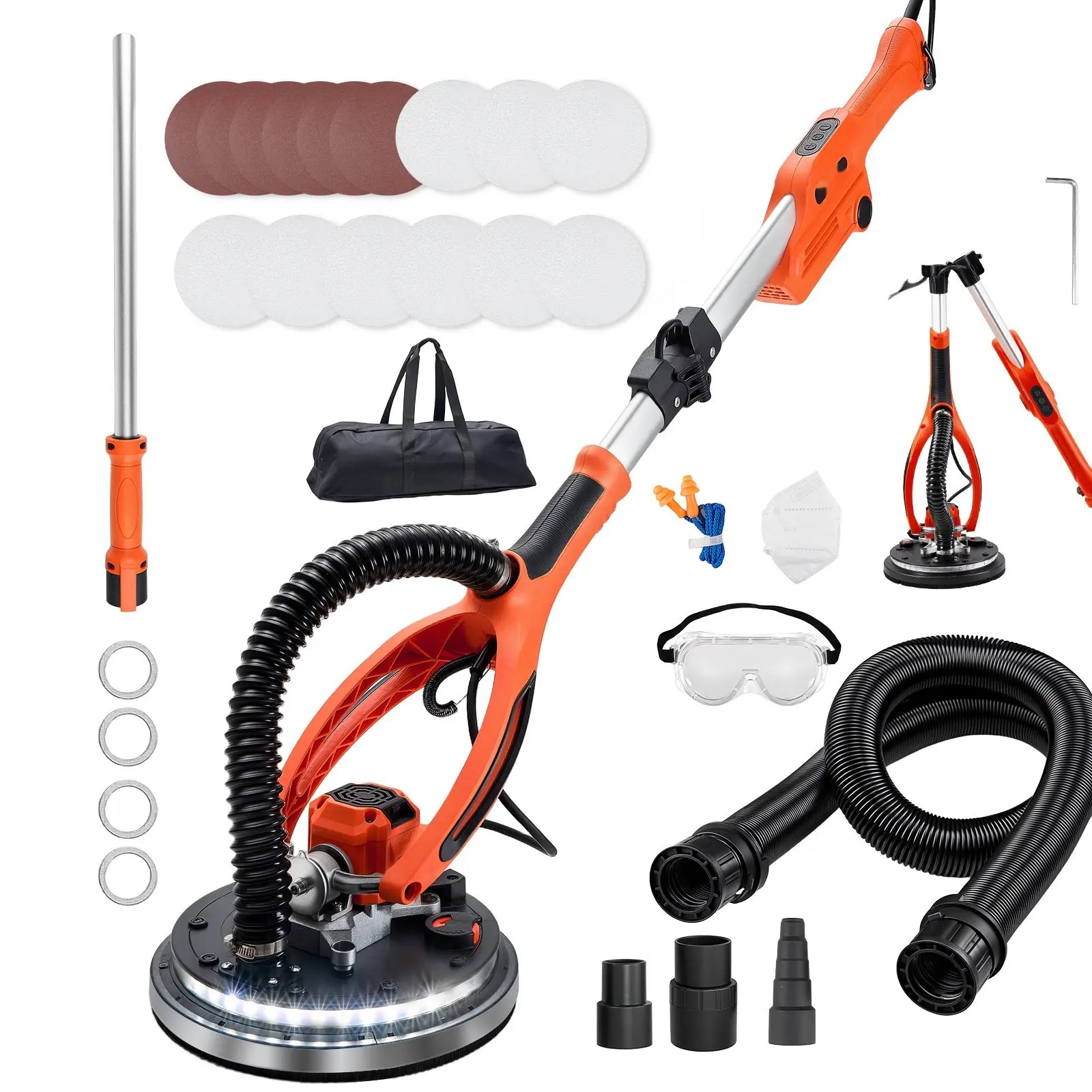 Drywall Sander, 950W Electric Drywall Sander, Popcorn Ceiling Removal Tool With 7 Variable Speed, 1000-2300 RPM, Double-Deck LED Light, Foldable And Extendable Handle, 15 Sanding Discs, Dust Hose And Vacuum Port Included