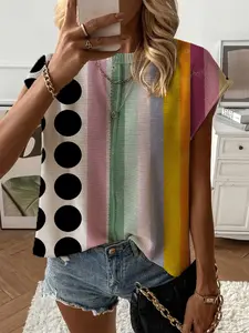 Summer Round Neck Short Sleeve Knit Top, Loose Fit, Color Block Gradient Polka Dot Print, Casual Elegant Commuter, Bikini Cover-Up