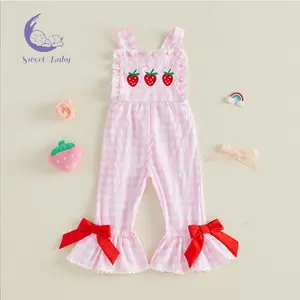 Toddler Girls' Sleeveless Plaid Romper Jumpsuit with Strawberry Embroidery, Bell Bottom Overalls, Summer Baby Bodysuit Clothing