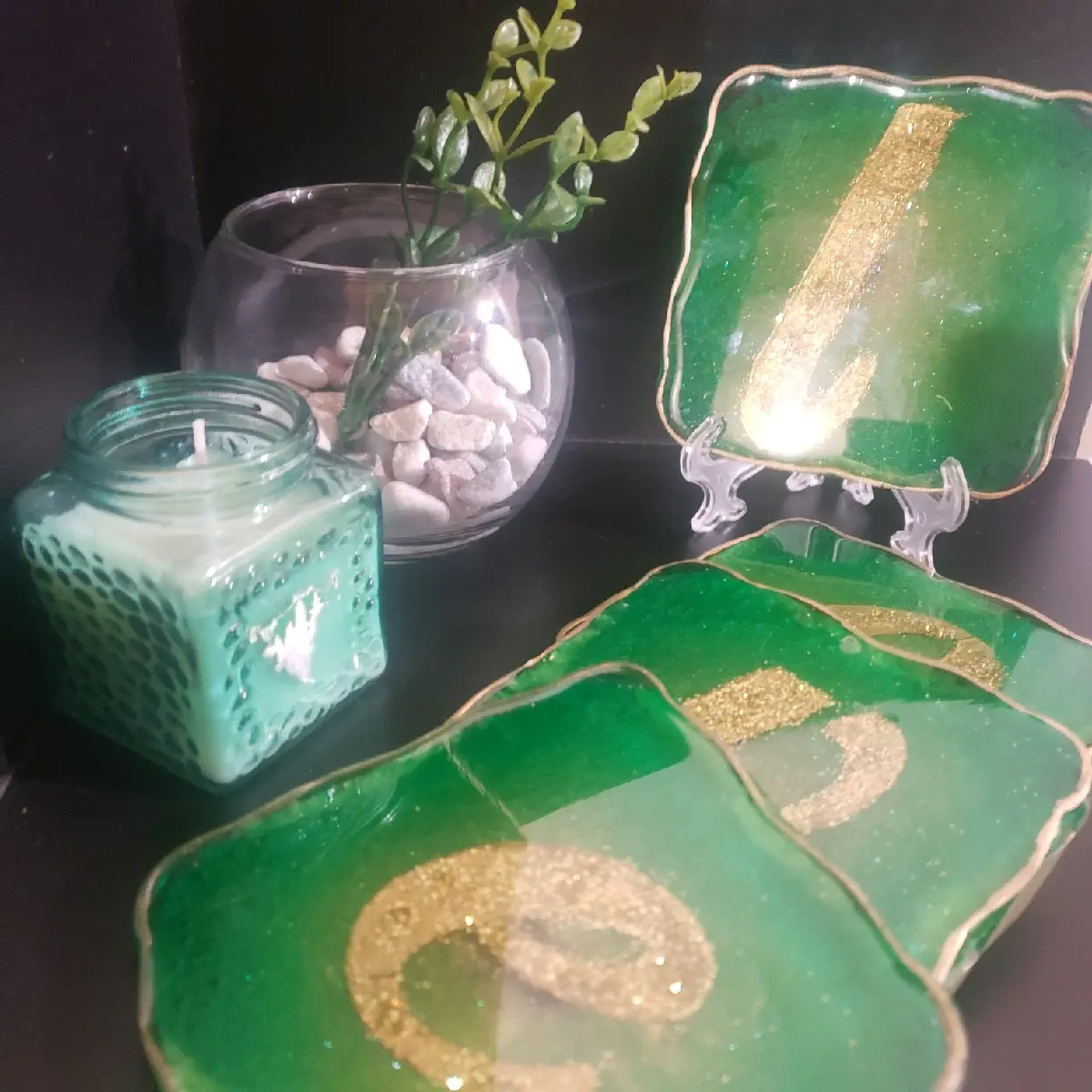 Set of 4 green resin coasters