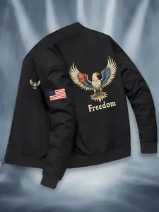 Men's Casual Fitted Jacket, Usa Print Front Back Pattern Stand Collar, Vintage Loose Fit Long Sleeve Outerwear, Trendy Versatile Coat, Street Fashion Outerwear