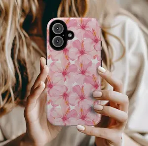 Hawaiian Pink Hibiscus Flower Magnetic – Monogrammed Tough Iphone 16 Pro Max Case | Stylish Girly Gift for Her | Magnetic & Durable Vintage Pattern