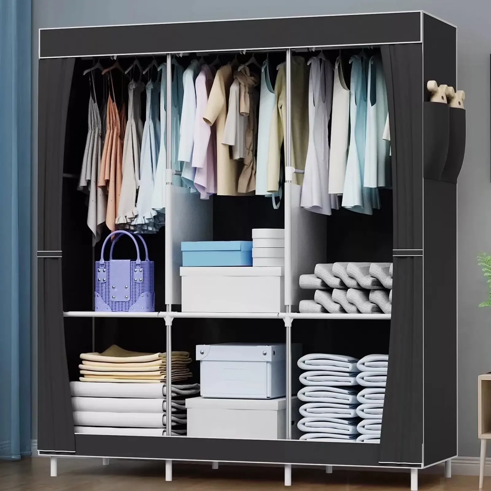 Portable Closet Organizer and Storage with 3 Hanging Rods for Hanging Clothes, 6 Wardrobe Closet Storage Shelves for Bedroom, Easy to Assemble