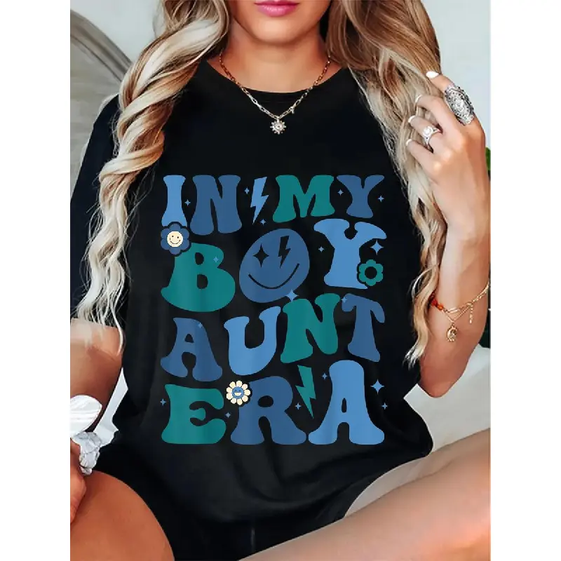 Women's Fitted 100% Cotton Short Sleeve Round Neck Casual Pull-On T-Shirt - Retro "In My Boy Aunt Era" Funny Graphic Top, No Party Day Essential Womenswear Tee