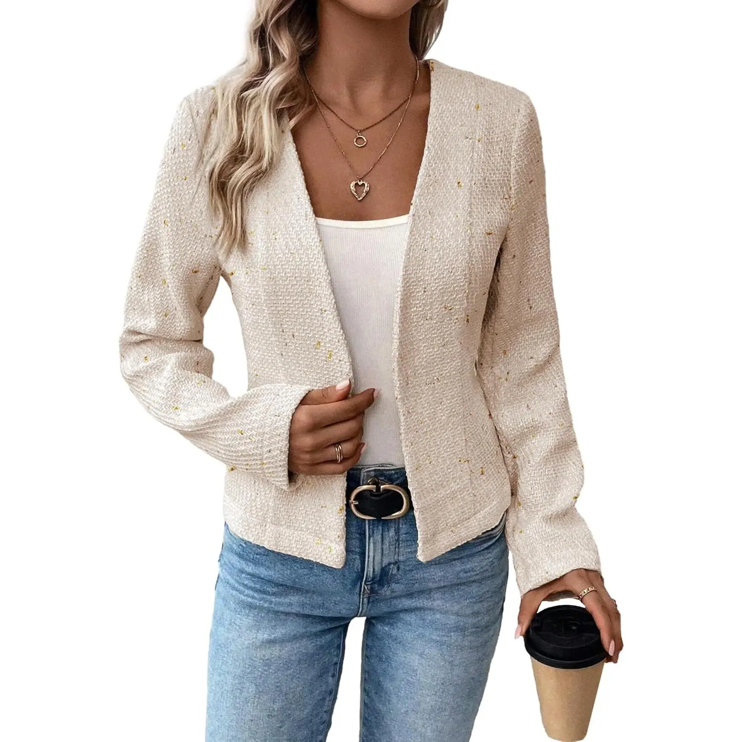 MINA SELF Women's Slim-Fit Fitted Cropped Tweed Blazer, Collarless Open-Front Lightweight Long-Sleeve Fully Lined Jacket for Business Office, Casual Lady Wear, Longsleeves