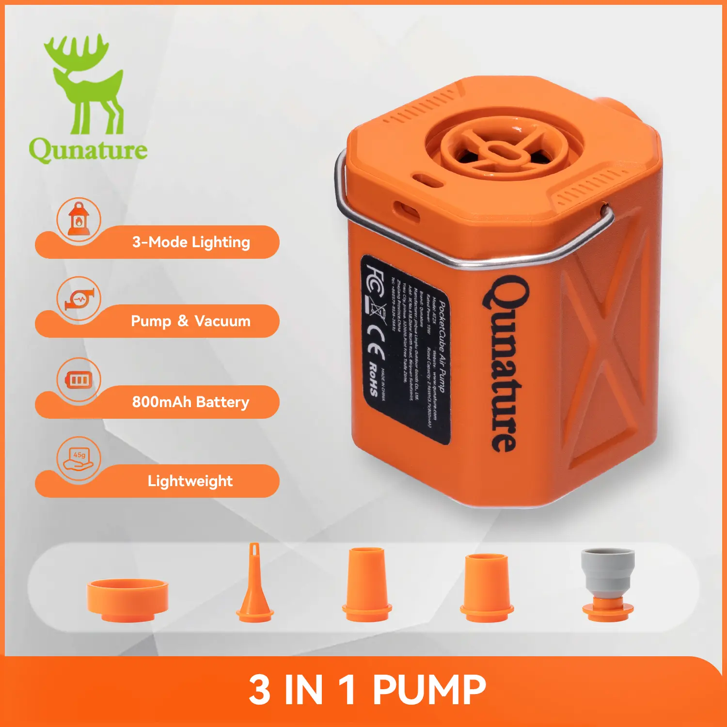 Qunature Portable Mini Air Pump for Air Mattress & Pool Floats, Fast Inflate & Deflate Camping Pump with LED Light