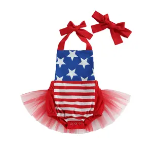 Baby Girl Star Stripes Halter Tutu Romper With Bow Headband 4th Of July Sleeveless Bodysuit 3-18 Months