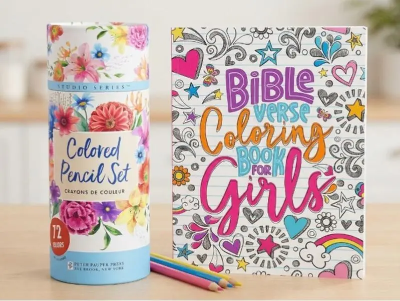 Bible Verse Coloring Book for Girls + 72-Color Studio Series Colored Pencil Tube Set – Inspirational Faith Coloring Bundle