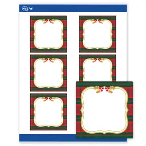 Avery Printable Square Labels, 3" x 3", Matte White, Pre-printed Plaid Border/Metallic Gold Frame Design, Sure Feed Technology, Laser & Inkjet Compatible, 120 Total