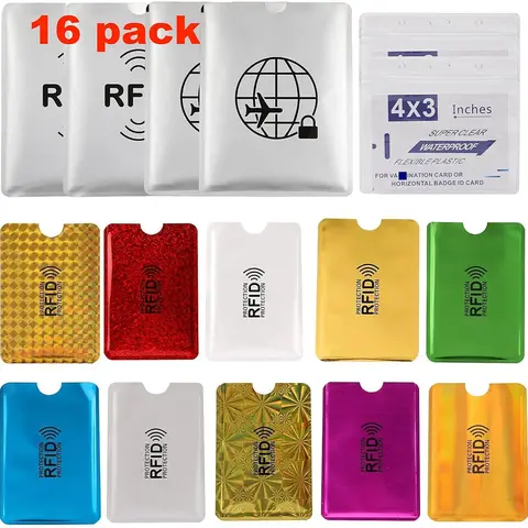16 RFID Blocking Sleeves Set (10 Credit Card Holders & 4 Passport Protectors) Identity Theft Protection Secure Sleeves Set.Waterproof aluminum foil slim Design easily into your Wallet
