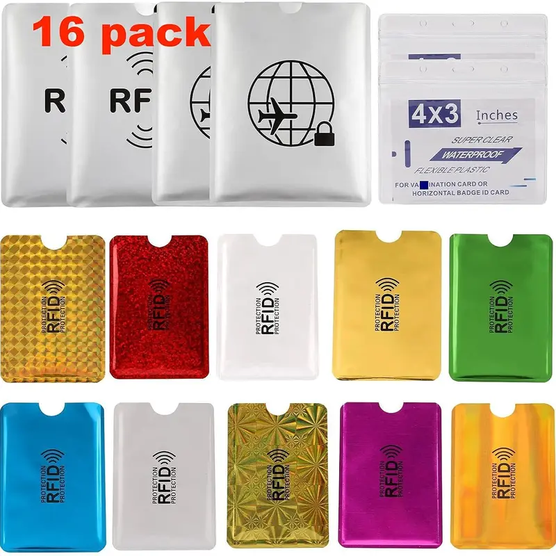 16 RFID Blocking Sleeves Set (10 Credit Card Holders & 4 Passport Protectors) Identity Theft Protection Secure Sleeves Set.Waterproof aluminum foil slim Design easily into your Wallet