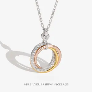 S925 Sterling Silver Three - Ring Colorful Zircon Circle Pendant Necklace Women's Fashion Design Daily Wear Festival Gift Jewelry