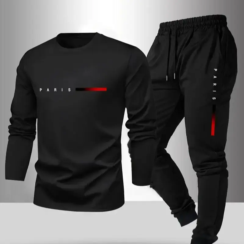 Autumn and winter new men's pullover round-neck hoodie with printed letters, casual, fashionable and versatile hoodie pants set Clothes Menswear