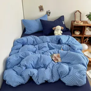 New 3pc Minimally striped blue duvet cover set (1PC duvet cover+2PC pillowcase), minimalist style, breathable, washable, suitable for all seasons, Bed Sets Supplies