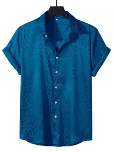 Homme Men's Leopard Print Short Sleeve Shirt, Fashionable Loose Fit, Single-Breasted Design for Casual Wear