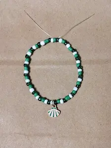 JENXOCRAFTS Handmade Green & White Bracelet with Shell Charm - Nature-Inspired Jewelry for Casual Wear & Gifts