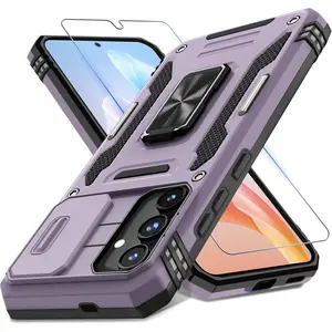 Case for Samsung Galaxy S24+ Plus with Slide Camera Cover+Screen Protector (1 Pack), Rotated Ring Kickstand Military Grade Shockproof Protective Cover-Deep Purple