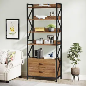 LITTLE TREE Bookshelf with Drawers, 70.8" Industrial Bookcase with 2 Drawers, 5 Shelf Open Shelf for Storage, Wood Book Shelf for Living Room, Bedroom, Home, Office