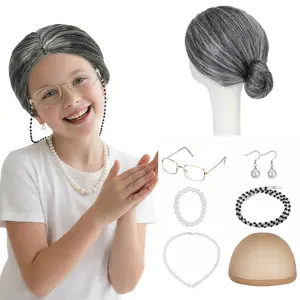 7 count Old Lady Wig Set,Gray Bun Realistic Style Grandma Costume Wig for 100 Days of School  Halloween Party(Granny Wig/Cap/Glasses/Glasses Chain/Necklace/Bracelet/Earrings)