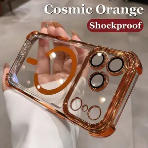 6D Plating Cosmic Orange Magnetic Phone Case for IPhone 17 Pro Max 17 Air Clear Hard Case Airbag Shockproof Cover tiktokshopspringglowup