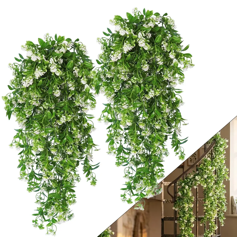 2Pcs UV-Resistant Artificial Hanging Flower Bouquet & Ivy Vines, Realistic Plastic Trailing Greenery, Low-Maintenance Faux Decor, Perfect for Indoor Garden, Patio & Home Ornament